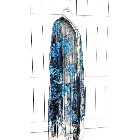 Maxi blue and black floral sequin sheer fringe kimono cover up jacket - Picture 3 of 5
